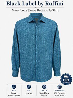 Black Label by Ruffini Men's Slim Fit Button Up Shirt L Blue Black 16-16.5 32/33